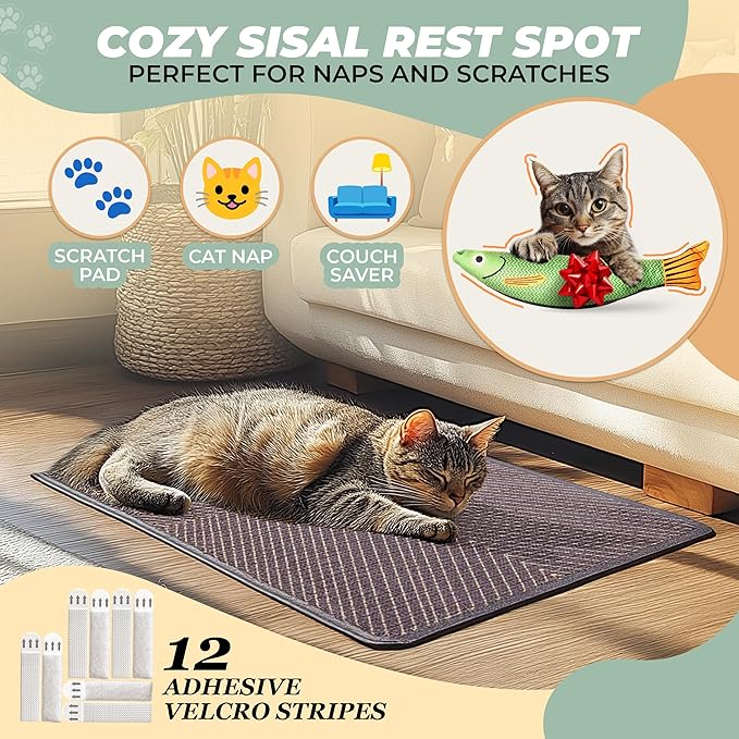 SCRATCHABLE Sisal Cat Scratcher, [+ Catnip Fish Toy] Cat Wall Scratcher, Couch Protector from Cat Scratching, Sisal Cat Scratcher - 24 X 15.8 with 12 Adhesive Velcro Stripes. (Navy Maze)