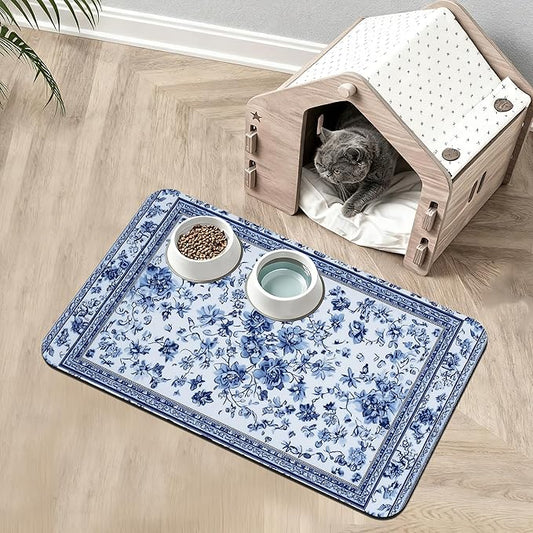 Blue Flower Dog Food Mat,Absorbent Pet Feeding Mat for Food and Water Bowl,Quick Dry Dog Placemat Non Slip Rubber Backing Waterproof Pet Supplies 12" x 20"