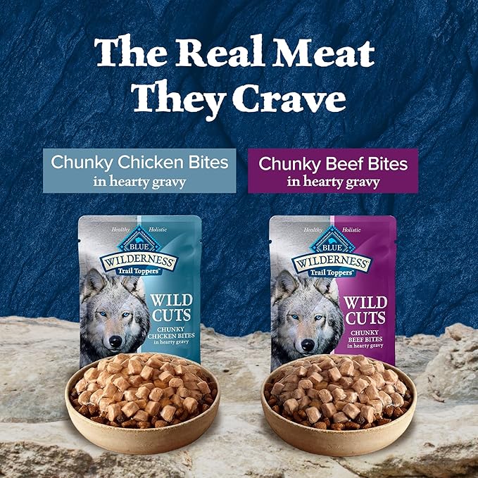 Blue Buffalo Wilderness Trail Toppers Wild Cuts Wet Dog Food Variety Pack, High-Protein & Grain-Free, Made with Natural Ingredients, Chicken and Beef Flavors, 3-oz Pouches, (12 Count, 6 of Each)