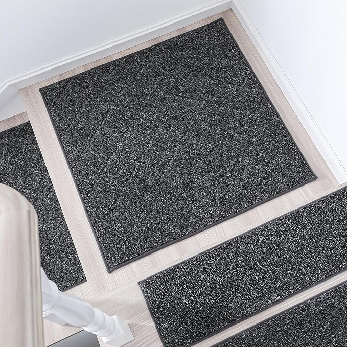 COSY HOMEER Edging Stair Treads Non-Slip Corner Indoor Stair Runners for Wooden Steps,Landing Slip Resistant Stair Rugs Mat for Kids and Dogs,100% Polyester TPE Backing,Black,30x30 inch