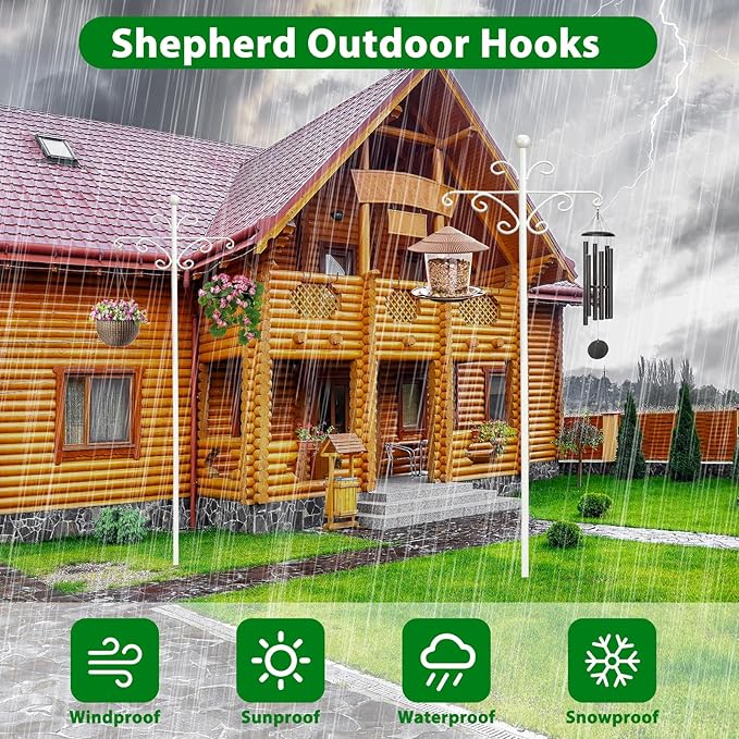 Bird Feeder Pole for Outdoors Heavy Duty Squirrel Proof, 2 Pack 92 Inch Adjustable Tall Shepherds Hooks for Outdoor with 7 Prongs Base, Double Shepherd Hooks (2 Pack White, 92 Inch)