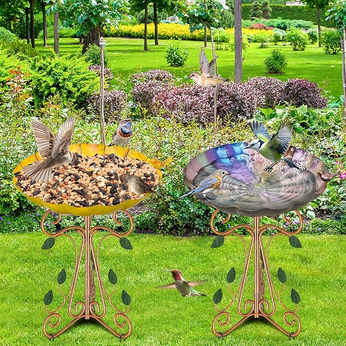 Vintage Metal Bird Bath for Outside, 13" Dia Birdbaths Bowl with Cast Iron Pedestal, Large Antique Bird Feeder with Folding Bracket for Outdoors Garden Patio Yard Decor (Retro Yellow)