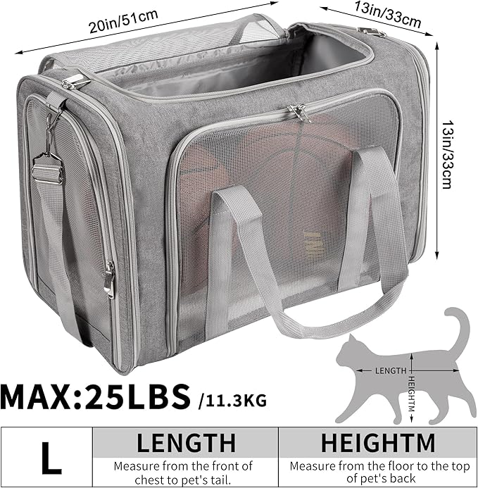 Soft-Sided Cat/Dog/Pet Carrier, Collapsible Pets Travel Carriers for Big Cats/Small Dogs with Shoulder Strap & Removable Mat, Mesh Puppy Carry Bag, Up to 25 Lbs(Gray)