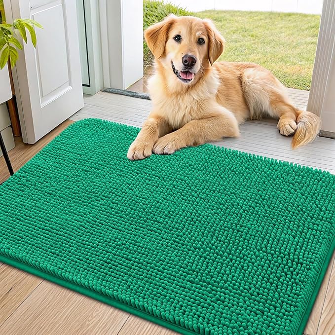 Smiry Dog Door Mat for Muddy Paws 36x24, Absorbs Moisture and Dirt Doormat, Non-Slip Washable Quick Dry Chenille Front Door Mat Indoor Entrance, Entryway Carpet for Inside Floor, Emerald Green