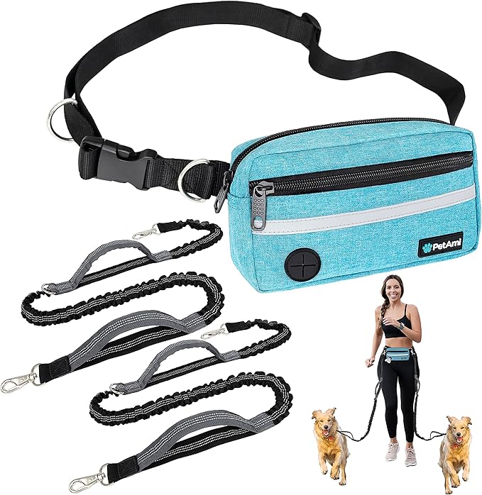PetAmi Hands Free Dog Leash, Dog Running Leash Belt for Walking Jogging, Dog Waist Zipper Pouch Fanny Pack with Poop Bag Dispenser, Dual Padded Handle Bungee Leash for Small Medium Large Dogs, Double