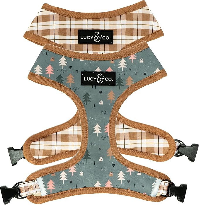Lucy & Co. Cute Reversible Dog Harness Walking Halter - Best Designer Pet Harnesses for XS - XL Dogs - Padded Adjustable Vest for Easy Walking (Medium, Neutral Brown Plaid with Blue Trees)