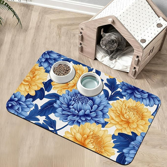 Blue Yellow Flowers Dog Food Mat,Absorbent Pet Feeding Mat for Food and Water Bowl,Quick Dry Dog Placemat Non Slip Rubber Backing Waterproof Pet Supplies 16" x 24"
