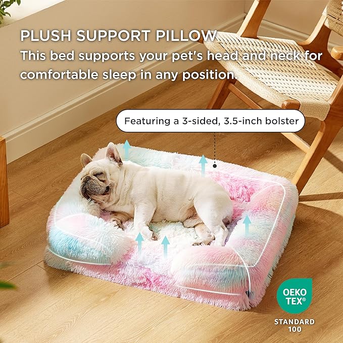 Bedsure Orthopedic Dog Bed Medium Size Dogs - Washable Medium Dog Cat Bed Waterproof, Comfort Pet Couch Sofa with Washable Removable Cover, Pets Bed with Nonskid Bottom, Long Faux Fur-Multi Color, 28"