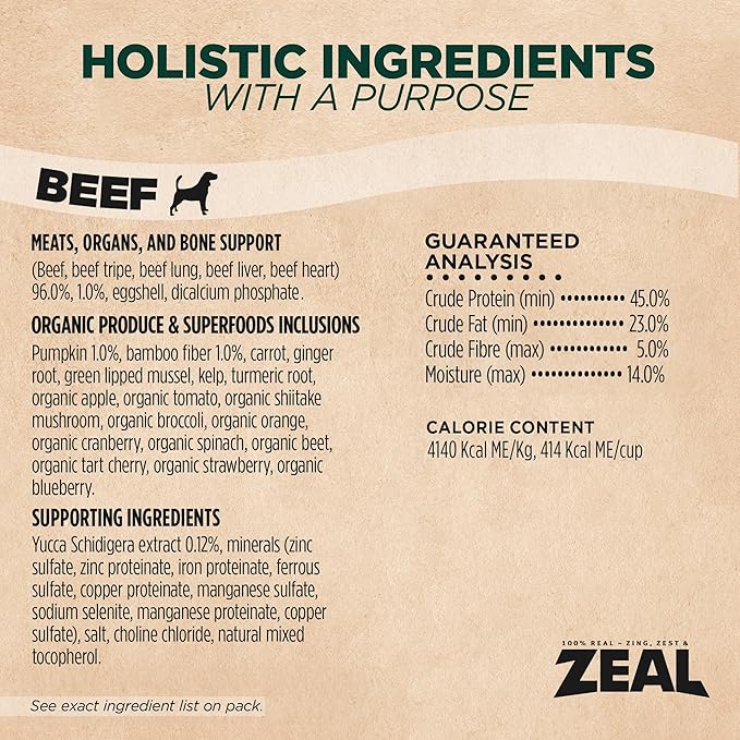ZEAL Canada Air-Dried Beef Recipe for Dogs - High Protein, Natural Superfoods, Nutrient Rich, No Fillers, Grain Free, Complete & Balanced (Beef, 5.5lb)