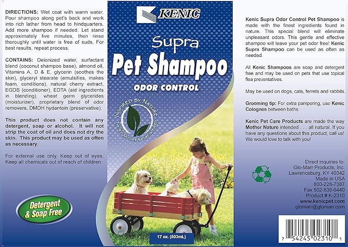 Kenic Supra Deodorizing Dog Shampoo for Smelly Dogs, Odor Control Formula for Dogs and Small Animals, 17oz, Made in USA