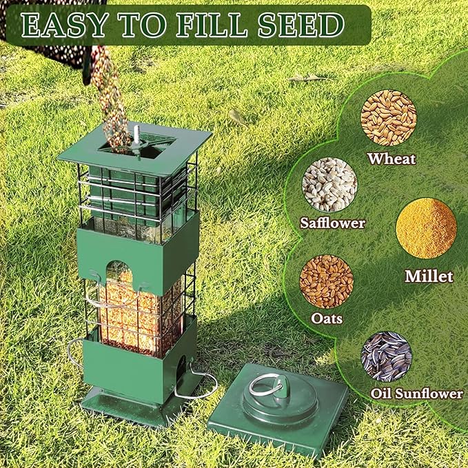 Squirrel Proof Bird Feeder, Metal Bird Feeders for Outdoors, 3Lbs Birdfeeder Outside Hanging, Weight Activated Spring, 4 Feeding Ports, Cardinals, Finches & Sparrows, Wild Birds (Green)