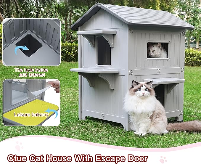 Rockever Plastic Insulated Outdoor Cat House with Escape Door, 2 Story Waterproof Cat House for Outdoor Cats for Feral Cats, Elevated Outside Cat Shelter, Clean and Assemble Easily