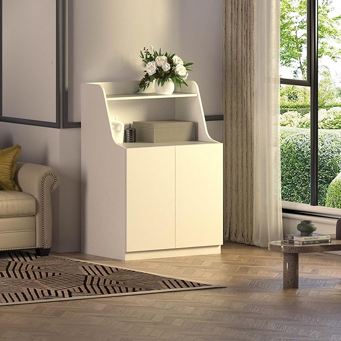 Large/Tall Litter Box Enclosure, Modern Wooden Litter Box Furniture for XL Litterbox with Open Shelf as Sideboard Cabinet (White)