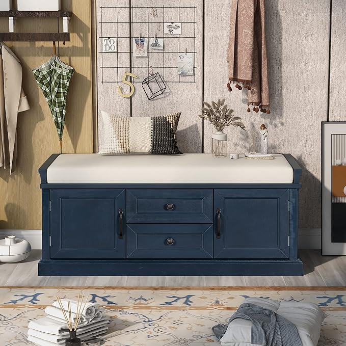 Storage Bench with 2 Drawers and 2 Cabinets, Pine Wood Shoe Bench with Removable Cushion for Living Room, Entryway 42.5" L x 15.9" W x 17.5" H (Antique Navy)