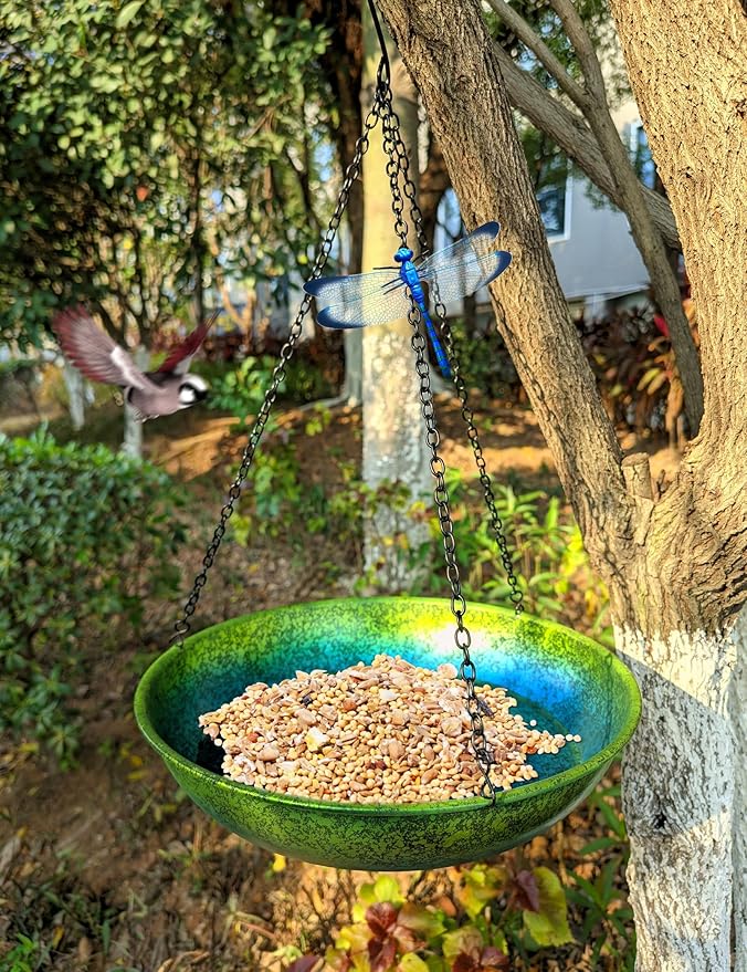 Hanging Bird Bath for Outside Metal Hanging Bird Feeder Window Birds Feeder Hand-Painted Blue and Green Gradient 11 in for Birds to Seed Bathe and Drink for Back Yard, Deck,Patio Garden Decoration