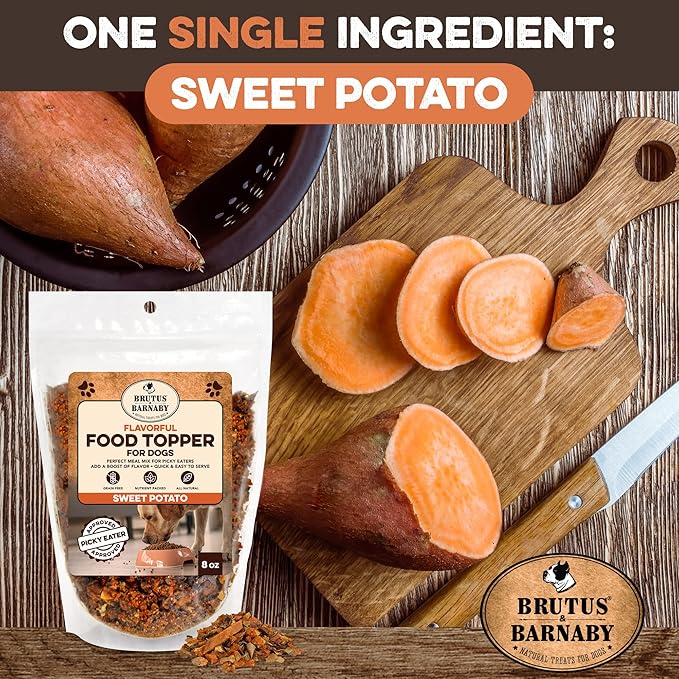BRUTUS & BARNABY Dog Food Toppers for Picky Eaters - All Natural, Vegan Sweet Potato Kibble Topper, Delicious Meal Toppers for Dogs, Nutrient Packed Dog Food Topper with Single Raw Ingredient