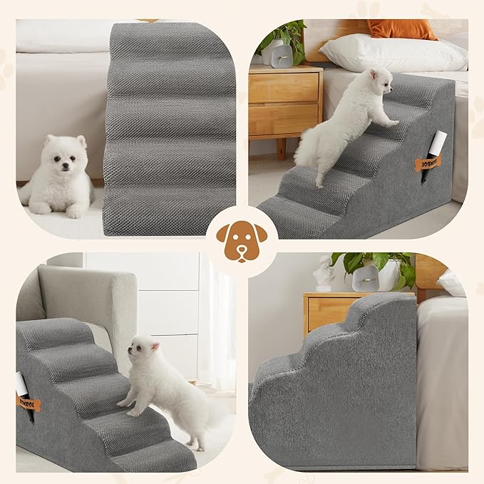 Romrol Dog Stairs Ramp for Small Dogs, Pet Stairs Steps with Durable Non-Slip Waterproof Fabric Cover, Dog Slope Stairs to Bed for Small Dogs and Cats or Pets Joints, 5-Steps, Grey