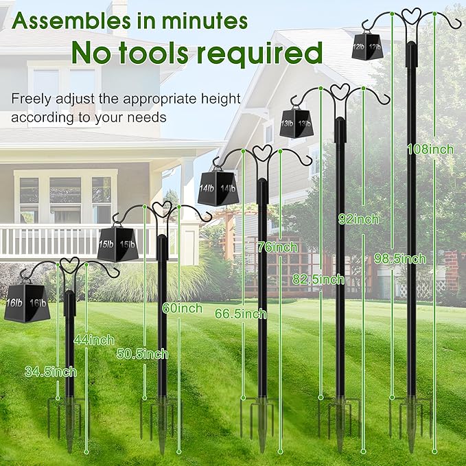 XDW-GIFTS Shepherds Hooks for Outdoor, 2-Pack 108 Inch Heavy Duty Bird Feeder Pole, Garden Pole for Hanging Plants, Lantern, Hummingbird Feeder, Hanging Plant Stand with 5 Base Prongs