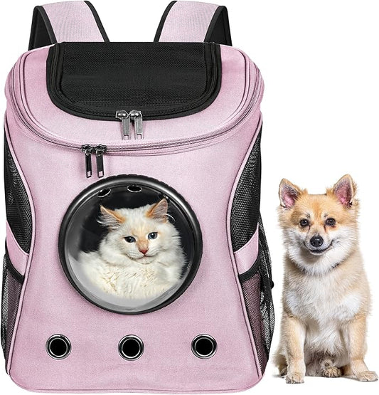 Cat Backpack Carrier, Airline Approved, Space Capsule Bubble Design, Ideal for Cats & Dogs up to 28-35 lbs, with Strong Straps, Safety Zippers, Mesh, Comfortable for Hiking & Travel (Pink)