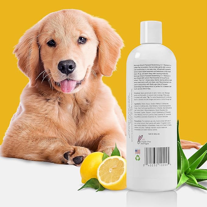 Deodorizing 2 in 1 Shampoo with Aloe and Flaxseed, 16 oz, Lemon - Eliminates Odors On Dogs and Puppies on Contact, Puppy Safe Shampoo and Conditioner in One Easy Step, Vegan