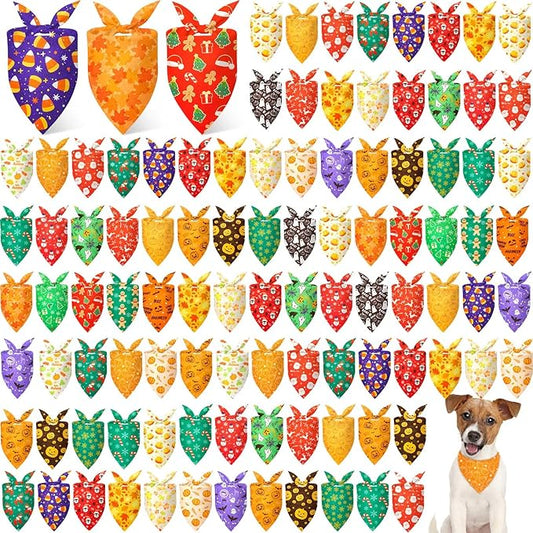 Preboun 100 Pcs Holiday Dog Bandanas Bulk Fall Halloween Christmas Bandanas for Dogs Triangle Kerchief Bib Scarf Set for Pet Party Costume Photo Props Accessories Pet Shops Groomers, 25 Styles