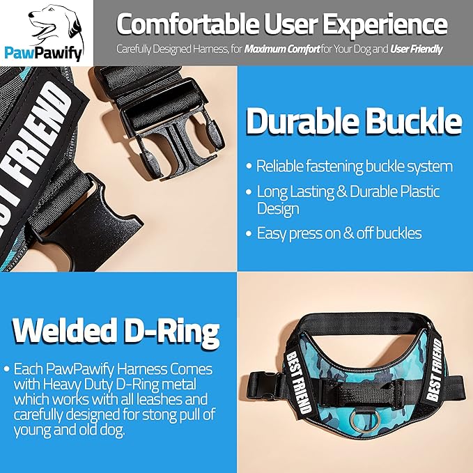 PawPawify Custom No Pull Dog Harness with Name and Phone Number, Heavy Duty Personalized Pet Vest to Prevent Tugging, Pulling, or Choking, Training and Walking (Camouflage Blue, XL (Chest 28-35in))