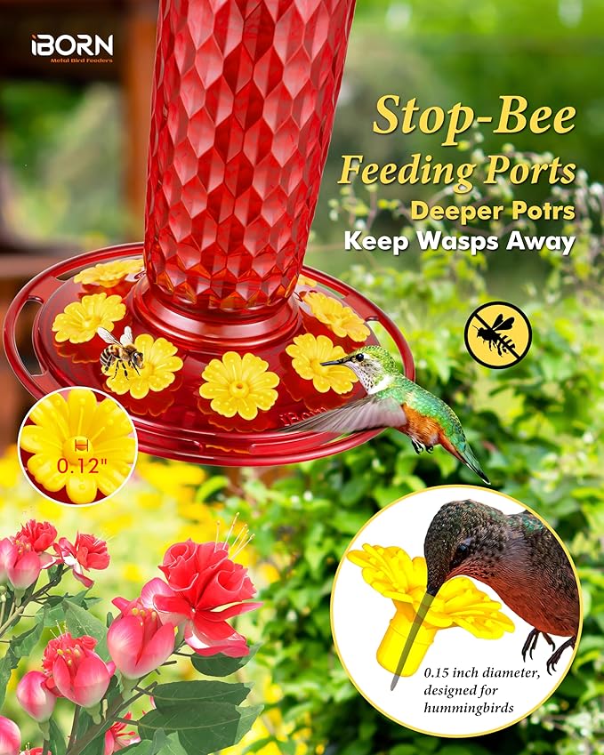 iBorn Hummingbird Feeders for Outdoors 16OZ Bird Feeders for Outdoors Hanging, Hummingbird Feeder with 8 Bee Guard Feeding Ports & Built-in Ant Moat, Silicone Flower, Red Honeycomb Exterior