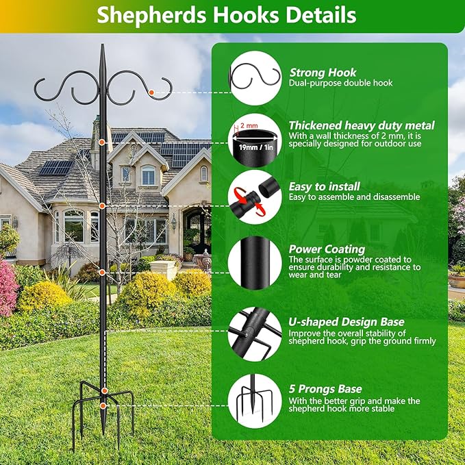 Outdoor Shepherds Hook for Bird Feeder, Double 76in Heavy Duty Shepherd Hooks, Adjustable String Lights Poles for Hanging Garden Plants, Humming Bird Feeder (2 Pack)
