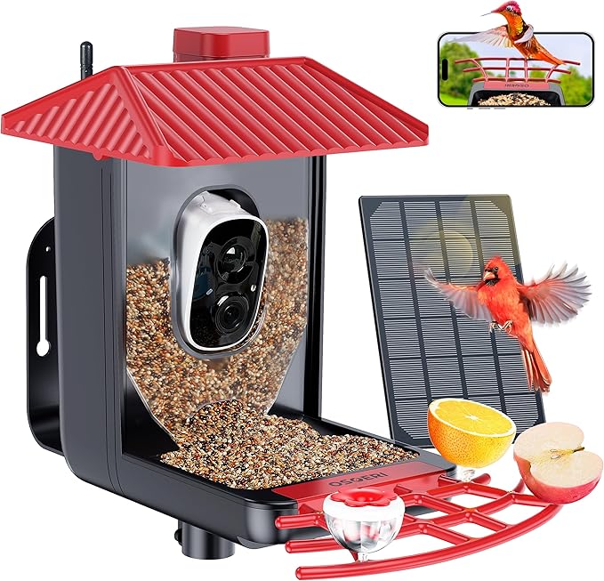 Osoeri Bird Feeder with Camera, Smart AI Identify Wild Bird Feeders Camera, 1080P Auto Capture Bird's Video & Motion Detection, with DIY Add-ons & Hummingbird Feeder, Gifts for Bird Lover (Red Black)