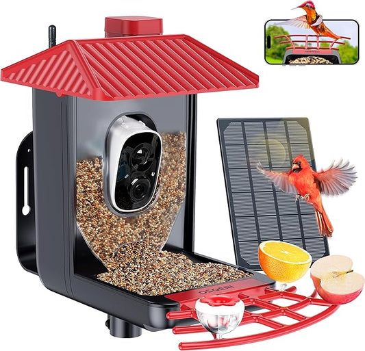 Osoeri Bird Feeder with Camera, Smart AI Identify Wild Bird Feeders Camera, 1080P Auto Capture Bird's Video & Motion Detection, with DIY Add-ons & Hummingbird Feeder, Gifts for Bird Lover (Red Black)