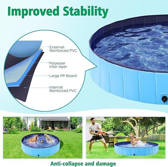 Yaheetech Foldable Dog Pools 63 x 12 Inches Collapsible Hard Plastic Pets Swimming Pool Portable Puppy Bath Tub Cat Shower Pet Wading Pool for Outdoor/Indoor w/Pet Repair Patches, Blue