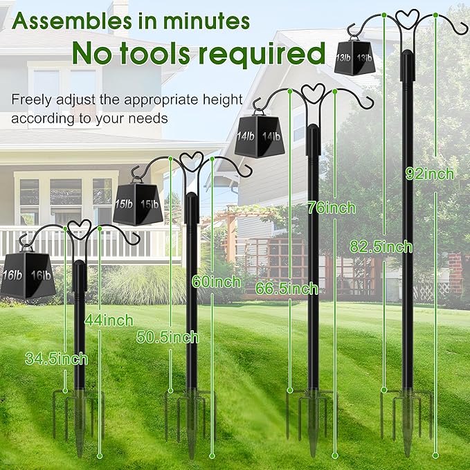XDW-GIFTS Shepherds Hooks for Outdoor, 2-Pack 92 Inch Heavy Duty Bird Feeder Pole, Garden Pole for Hanging Plants, Lantern, Hummingbird Feeder, Hanging Plant Stand with 5 Base Prongs