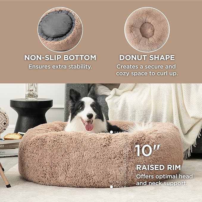 Bedsure Calming Dog Beds Large Sized Dog - Donut Washable Large Pet Bed, 36 inches Anti-Slip Round Fluffy Plush Faux Fur Dogs Bed, Fits up to 80 lbs Pets, Camel