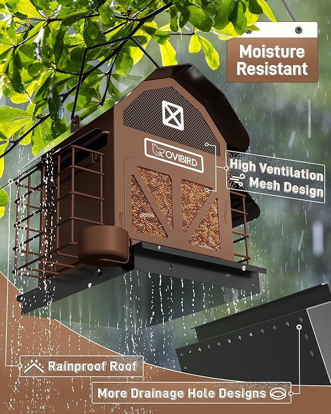 Bird Feeders for Outdoors Hanging, 5LBS Large Bird Feeder with 2 Suet Cage, Red Barn Metal Birds Feeder for Outside, Weather Resistant Cardinal Feeders, ldeal Birds Watching Gifts (Brown)