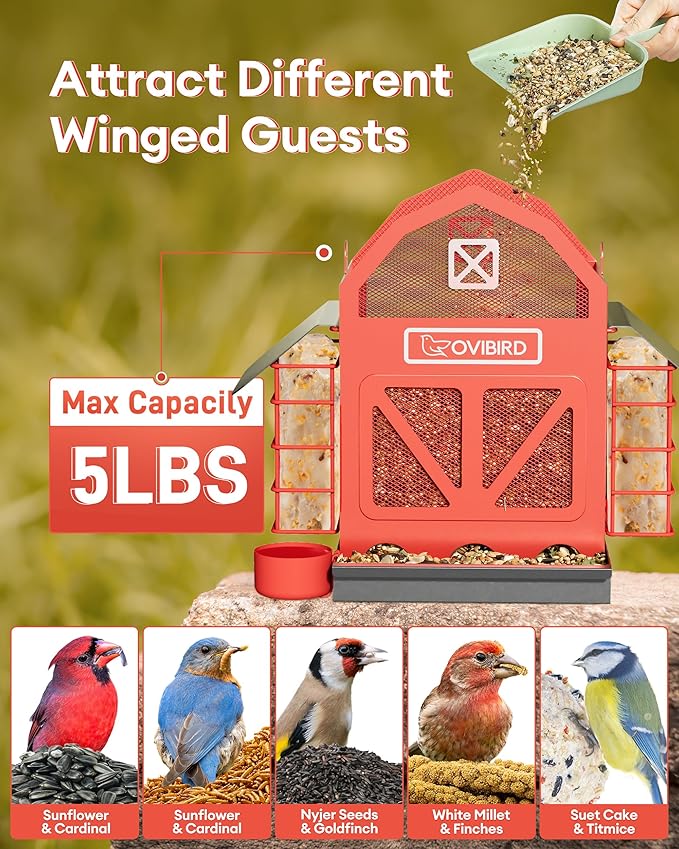 Bird Feeders for Outdoors Hanging, 5LBS Large Bird Feeder with 2 Suet Cage, Red Barn Metal Birds Feeder for Outside, Weather Resistant Cardinal Feeders, ldeal Birds Watching Gifts (Red)