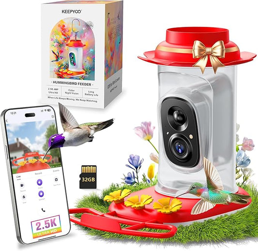 2.5K Hummingbird Feeder with Camera, Wireless Smart Bird Feeders for Outdoors, AI Bird Identify, Instant Notification, Include 32GB SD Card, Ant Moat & Bee-Proof, Gift for Birds Lovers (Red)