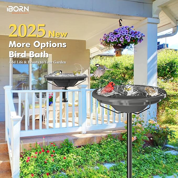 iBorn Bird Bath for Outside,36″ Freestanding Bird Bath with 3 Adjustable Height Pole,12″ BPA-Free Plastic Bowl,5-Prongs Base,Metal Pole and Plastic Bird Bath Bowl,Gray,1 Pack（Not Include Fountain）