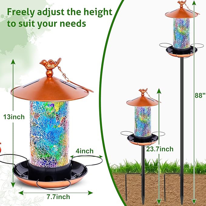 XDW-GIFTS Mosaic Solar Wild Bird Feeder with Pole Kit, Waterproof Lantern Design with Adjustable Heavy-Duty Bird Feeder Post for Outside, Garden- Unique Gifts for Mom,Women, Grandma,Bird Lovers