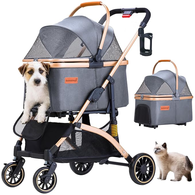 Pet Stroller for Small Medium Dogs, Lightweight Small Dog Stroller for Dogs Cats with 6 Shock Absorption System, Detachable Carrier Suitable for Car Seat & Hand Carry, Safe Outings, Gray