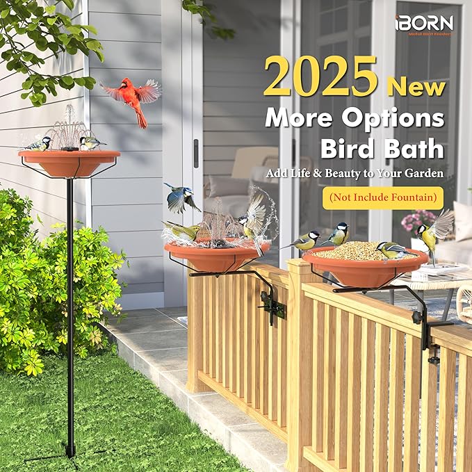 iBorn Bird Bath for Outside,Deck Mounted Bird Bath 12in，Bird Baths for Outdoors with Adjustable Clamp 3.2in，BPA-Free Bowl，360°Swivel & Adjustable Height Bracket，Detachable Bird Bath, Pack of 1