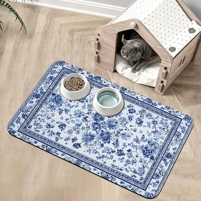 Blue Flower Dog Food Mat,Absorbent Pet Feeding Mat for Food and Water Bowl,Quick Dry Dog Placemat Non Slip Rubber Backing Waterproof Pet Supplies 16" x 24"