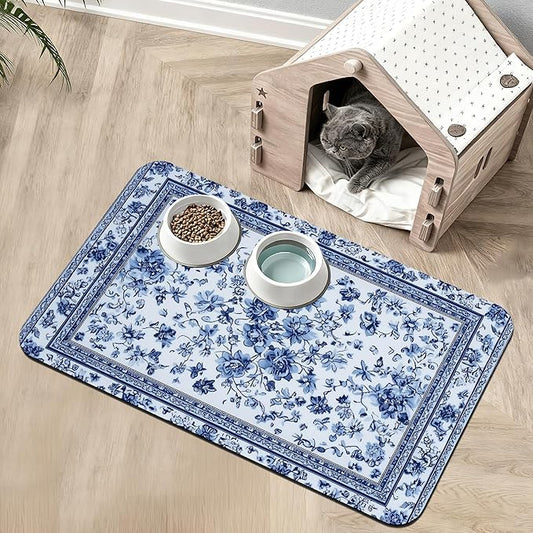Blue Flower Dog Food Mat,Absorbent Pet Feeding Mat for Food and Water Bowl,Quick Dry Dog Placemat Non Slip Rubber Backing Waterproof Pet Supplies 16" x 24"