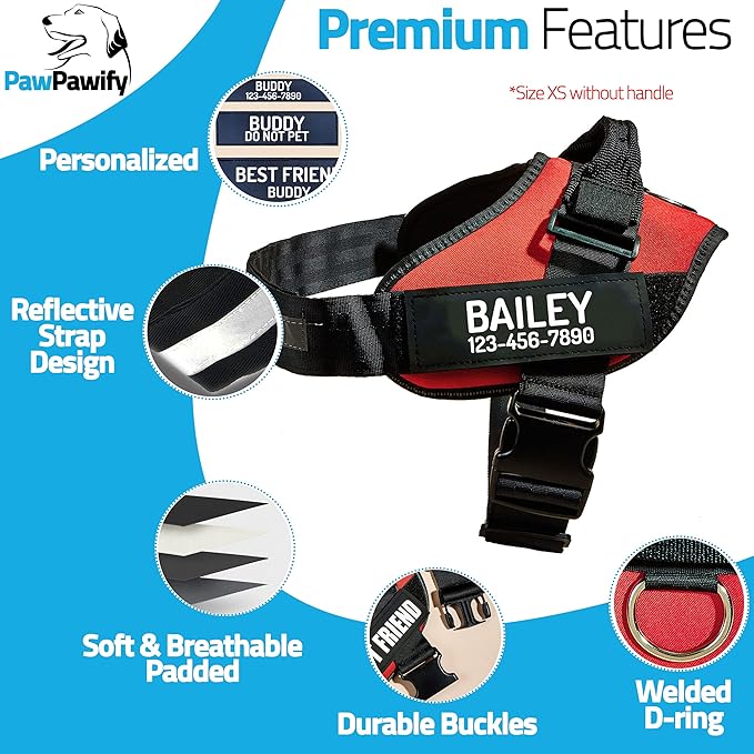 PawPawify Custom No Pull Dog Harness with Name and Phone Number, Heavy Duty Personalized Pet Vest to Prevent Tugging, Pulling, or Choking, Training and Walking (Red, XL (Chest 28-35in))