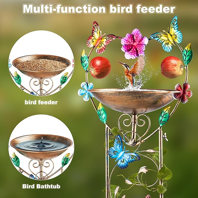 44" Height Bird Bath with Trellis for Climbing Plants Outside,Metal Antique Butterfly Heart Garden Plant Trellis with Detachable Bird Bath Bowl & Fruits Plants Support,Garden Patio Decor