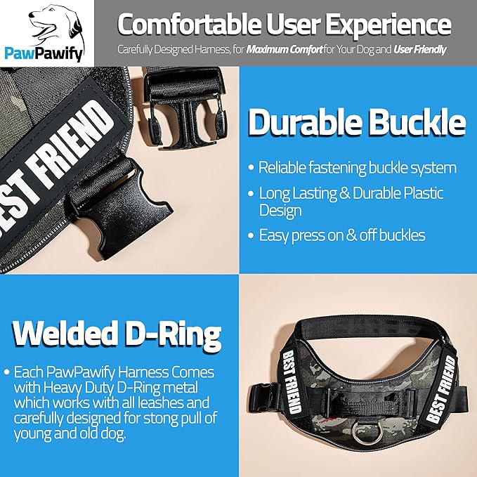 PawPawify Custom No Pull Dog Harness with Name and Phone Number, Heavy Duty Personalized Pet Vest to Prevent Tugging, Pulling, or Choking, Training and Walking (Camouflage Green, XXL (Chest 36-42in))