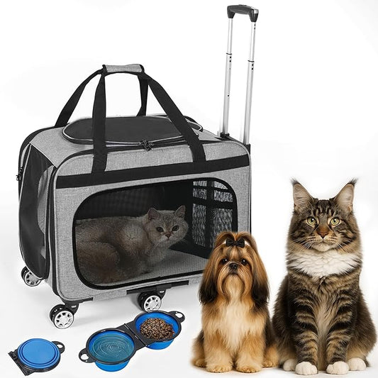 XL Cat & Small Dog Carrier | 25" L x 16" W x 17" H - up to 40 lbs - NOT TSA Compliant - Small Dogs or Large Cat Carrier with Wheels - Extending Handle, 360° Rotation Wheels & Extra Ventilation