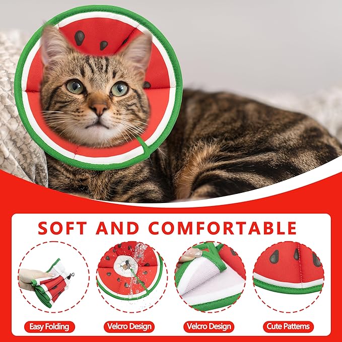 Soft Adjustable Cat Cone Collar, Comfortable Recovery Collar for Cats After Surgery (Watermelon, Small)