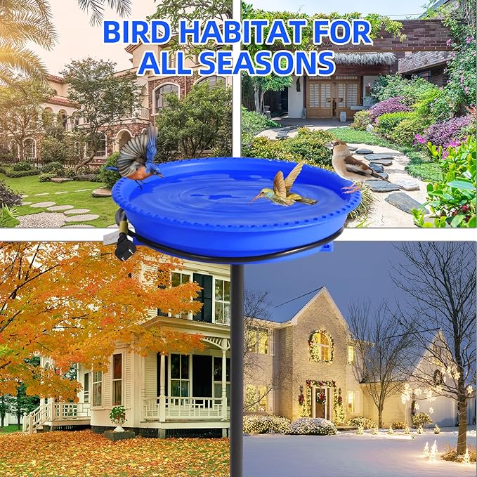 Heated Bird Bath for Outdoors for Winter, 75W Bird Bath Water Heater Bird Bath Deicer,Deep Bowl Thermostatic Control Weather Resistance Available with Stable Metal Pole for All Seasons(Blue)