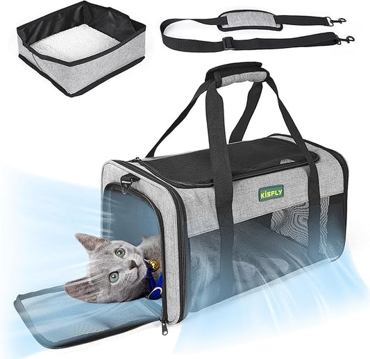 TSA Approved Pet Carrier in Cabin – Portable Travel Bag with Litter Box for Cats, Small Dogs, Kittens, Puppies & Rabbits (17"x11"x9.5"), for Pets up to 12 lbs, Gray