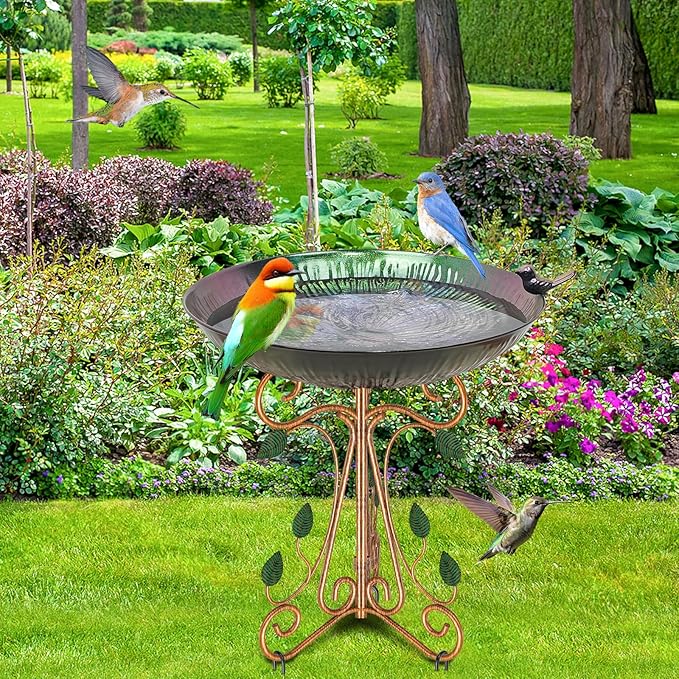 Vintage Metal Bird Bath for Outside, 13" Dia Birdbaths Bowl with Cast Iron Pedestal, Large Antique Bird Feeder with Folding Bracket for Outdoors Garden Patio Yard Decor (Purple Lotus)